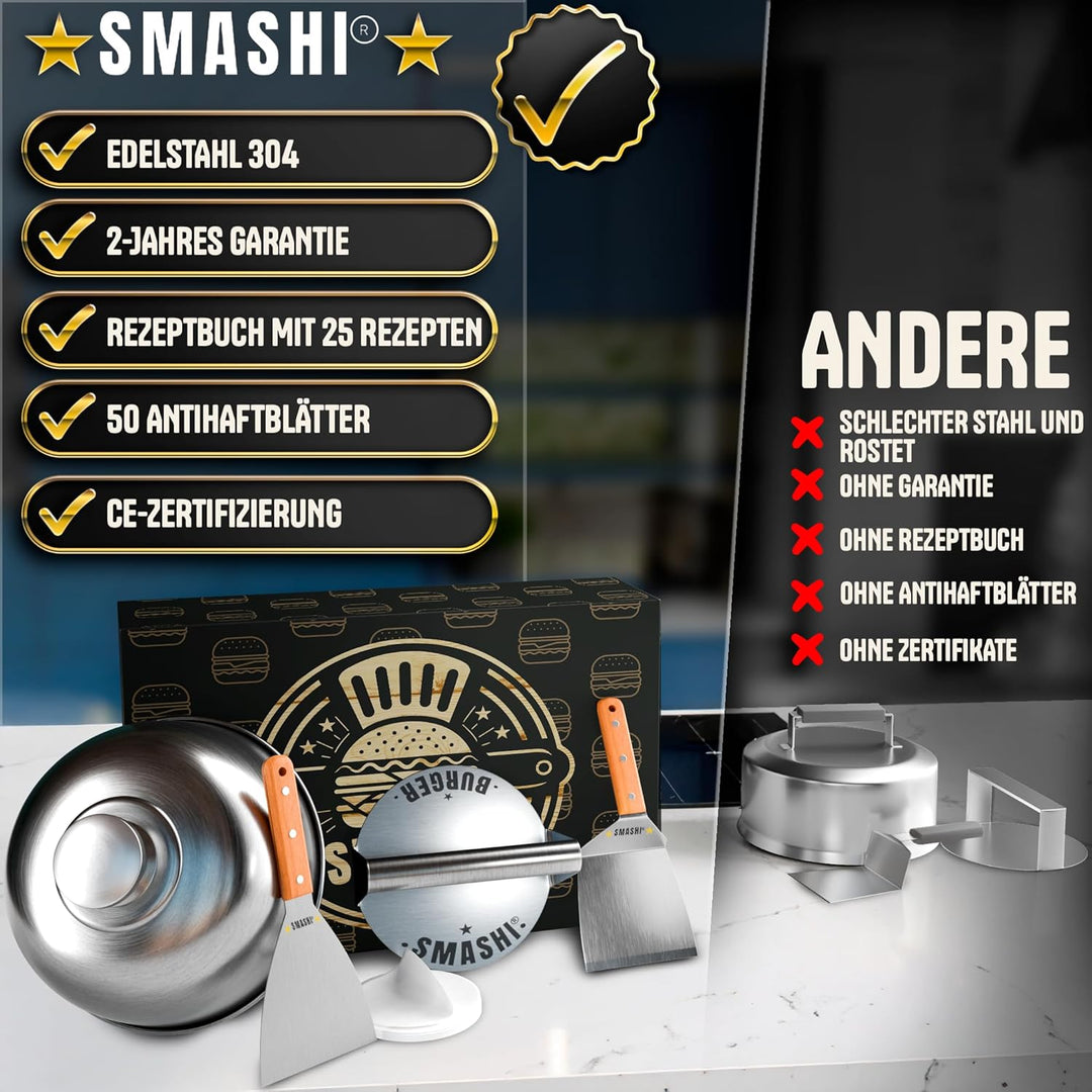 SMASHI® Smash Burger Set mit Holzgriffen – Grillzubehör aus Edelstahl 304 Burgerpresse, Spachteln &