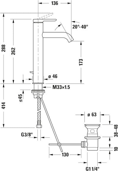 Duravit C.1 Waschtischarmatur, Grösse L (Auslauf Höhe 173 mm). Wasserhahn Bad mit Zugstangen-Ablaufg