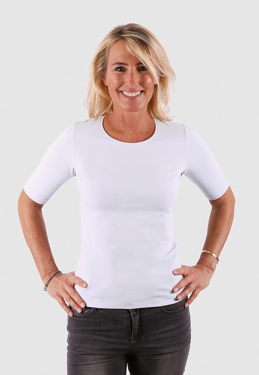 BOVIVA 10102 Damen Basic Rundhals (Round-Neck) Halbarm Kurzarm T-Shirt/Jersey Tshirt Oberteile, Basi