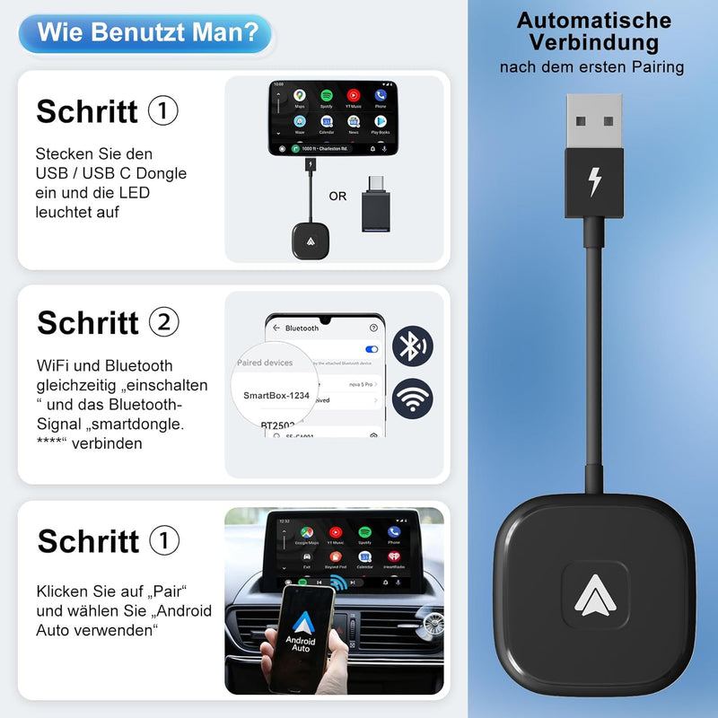 Wireless Android Auto Adapter, Android Auto Dongle Wireless für Android Car System Radios, Android C