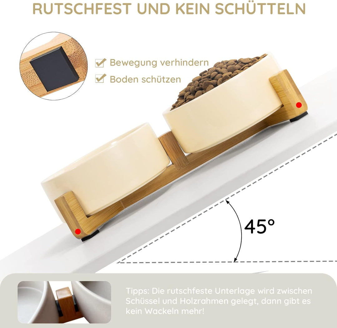 SPUNKYJUNKY Keramik Doppel Futternapf mit Bambus Ständer für Katzen und Hunde (400ml, Beige) Beige D