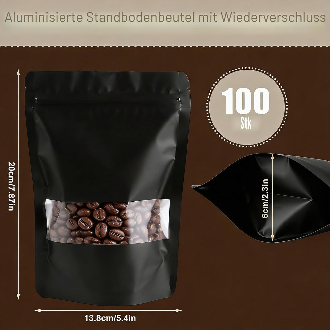 MIVIDE 100 Stück Wiederverschliessbare Mylar Beutel, 14 x 20 cm Standbodenbeutel mit Fenster Alumini