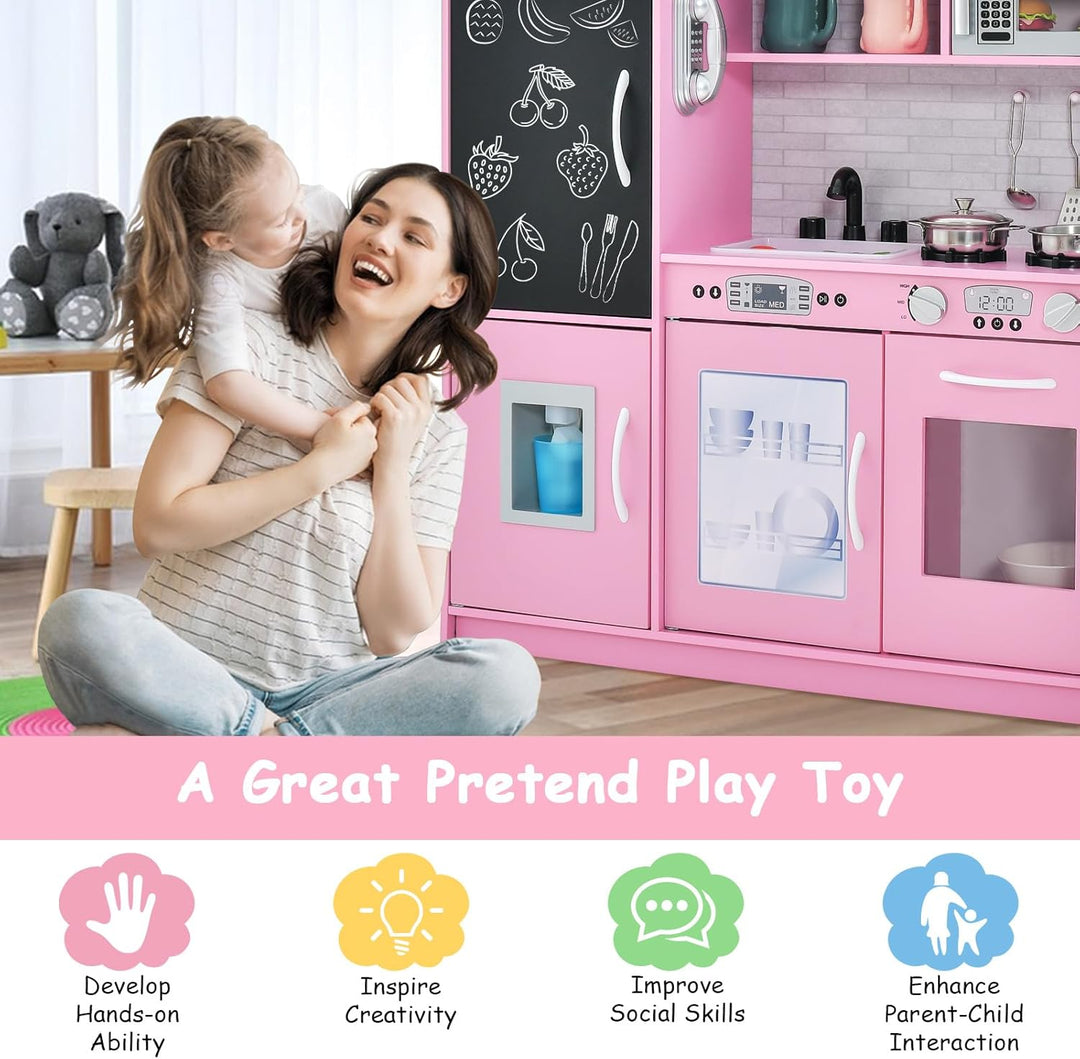 HOMASIS Spielküche mit 10 Zubehör, Kinderküche Holz, Spielzeugküche mit Tafel Spüle Herd Ofen Mikrow