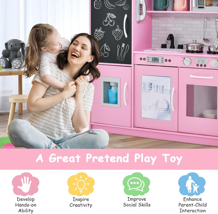 HOMASIS Spielküche mit 10 Zubehör, Kinderküche Holz, Spielzeugküche mit Tafel Spüle Herd Ofen Mikrow