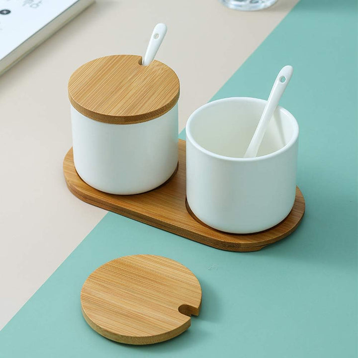 2er Set Keramik Gewürzdosen Salztopf - Höhe 10cm Keramik Zuckerdose Gewürzgläser mit Löffel und Deck