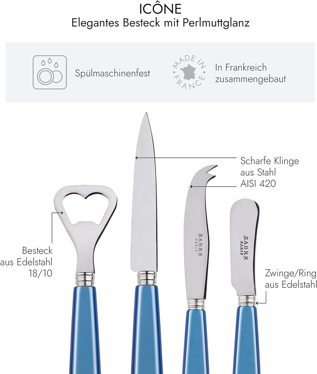 SABRE PARIS - Apero-Set, 4-teilig - Icon - Flaschenöffner, Spickmesser, kleines Käse- & Buttermesser