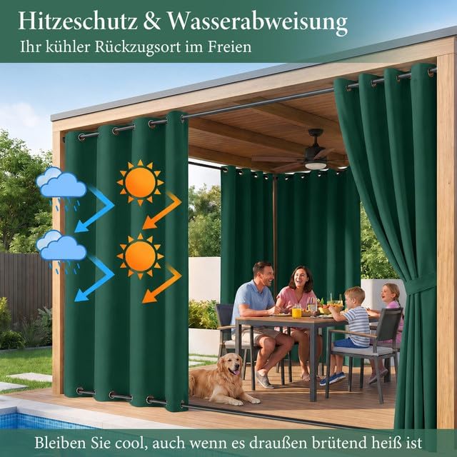 Rosnek Outdoor Vorhang Wetterfest Winddicht, Balkon Gardinen mit Ösen Oben & Unten, Blickdicht Wasse