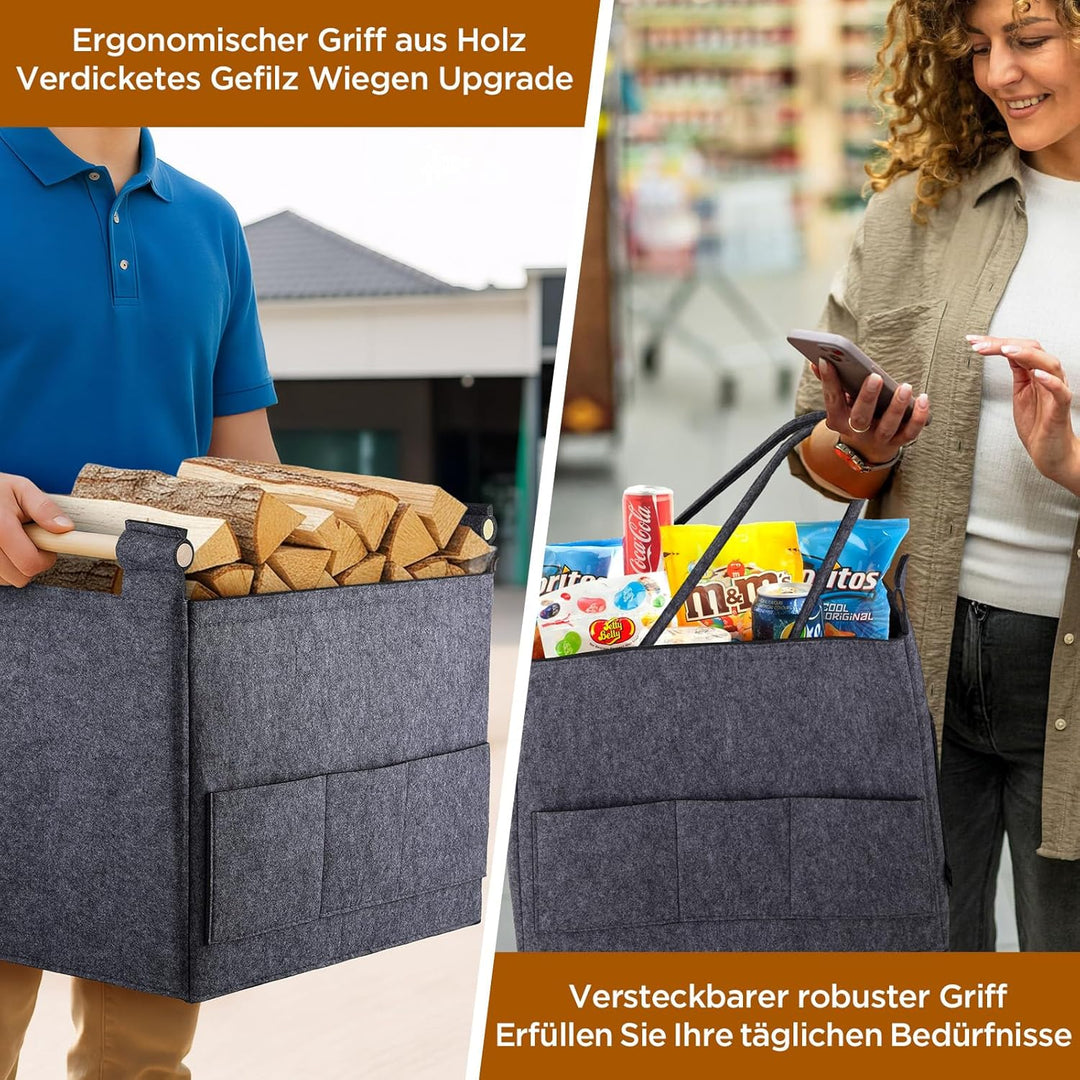 Filzkorb für Brennholz, 44x25x34 cm, Faltbar mit Verstärkten Griffen, Grau (Grau), (Grau)