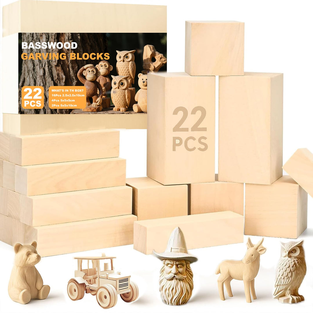 Schnitzholz Linde, 22er Pack Holzblöcke, 3 Grössen Lindenholz zum Schnitzen, Lindenholz-Schnitzblöck