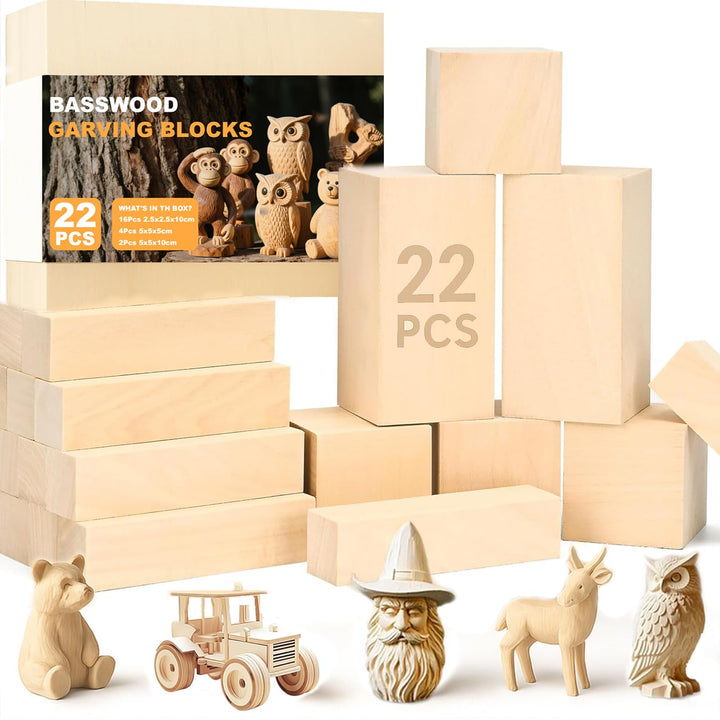 Schnitzholz Linde, 22er Pack Holzblöcke, 3 Grössen Lindenholz zum Schnitzen, Lindenholz-Schnitzblöck
