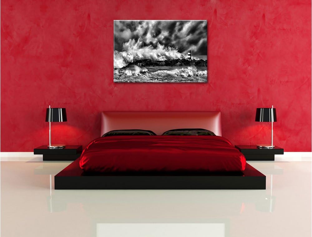 Pixxprint Tobendes Meer mit Leuchtturm / 100x70cm Leinwandbild bespannt auf Holzrahmen/Wandbild Kuns