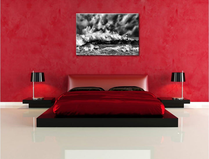 Pixxprint Tobendes Meer mit Leuchtturm / 100x70cm Leinwandbild bespannt auf Holzrahmen/Wandbild Kuns