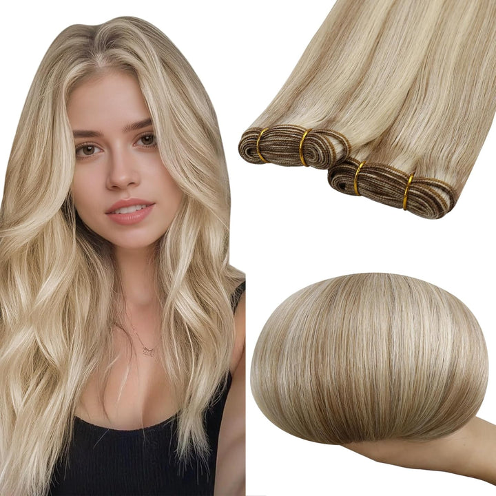RUNATURE Blond Haartressen Echthaar Exensions Aschbraun mit Platinblond Tressen Echthaar Zum Einnähe
