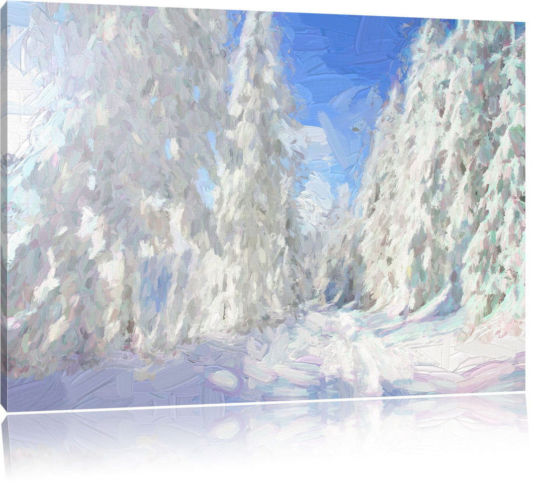 Pixxprint Winterlandschaft mit Bäumen Pinsel Effekt, Format: 100x70 auf Leinwand, riesige Bilder fer