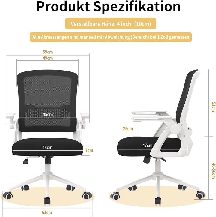 naspaluro Bürostuhl mit Hochklappbare Armlehnen, Schreibtischstuhl Ergonomisch, Drehstuhl mit Netzbe