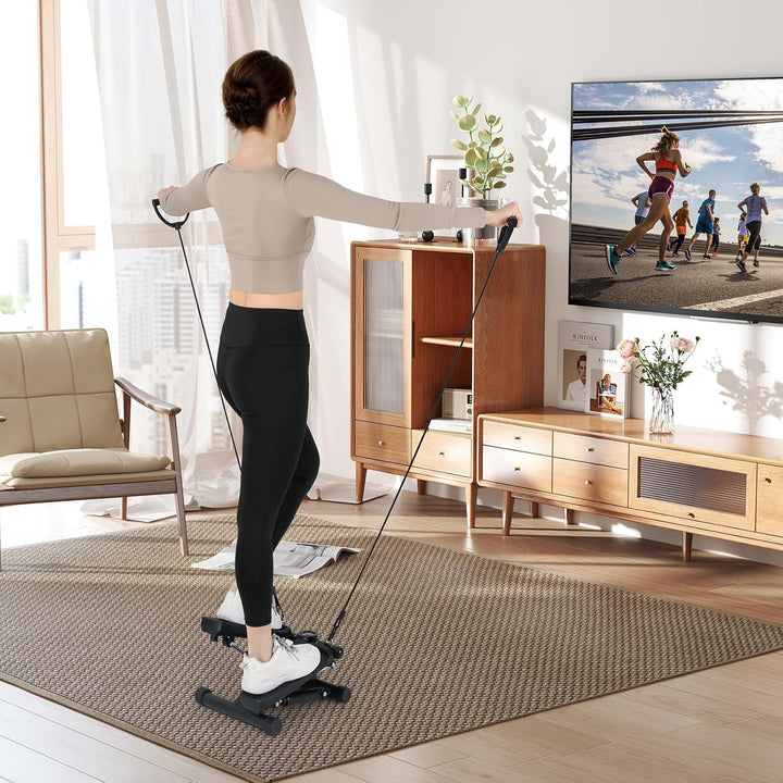 KOMFOTTEU Mini Stepper tragbar, Swing Stepper höhenverstellbar mit Widerstandsbändern, LCD-Bildschir