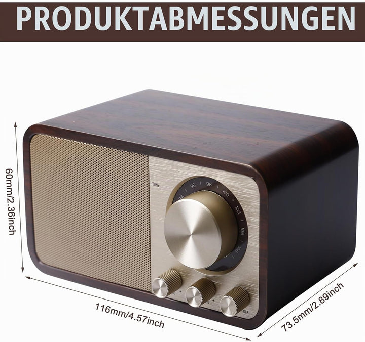 Retro Radio mit Bluetooth, Nostalgie Radio mit 1500mAh Akku wiederaufladbar, USB/TF-Karte/AUX, 5W La
