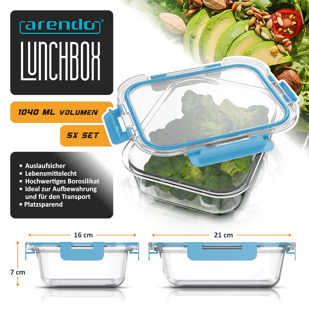 Arendo - Lunchboxen Glas - Frischhaltedosen für Lebensmittel mit Deckel luftdicht - 5er Set - 1000 m