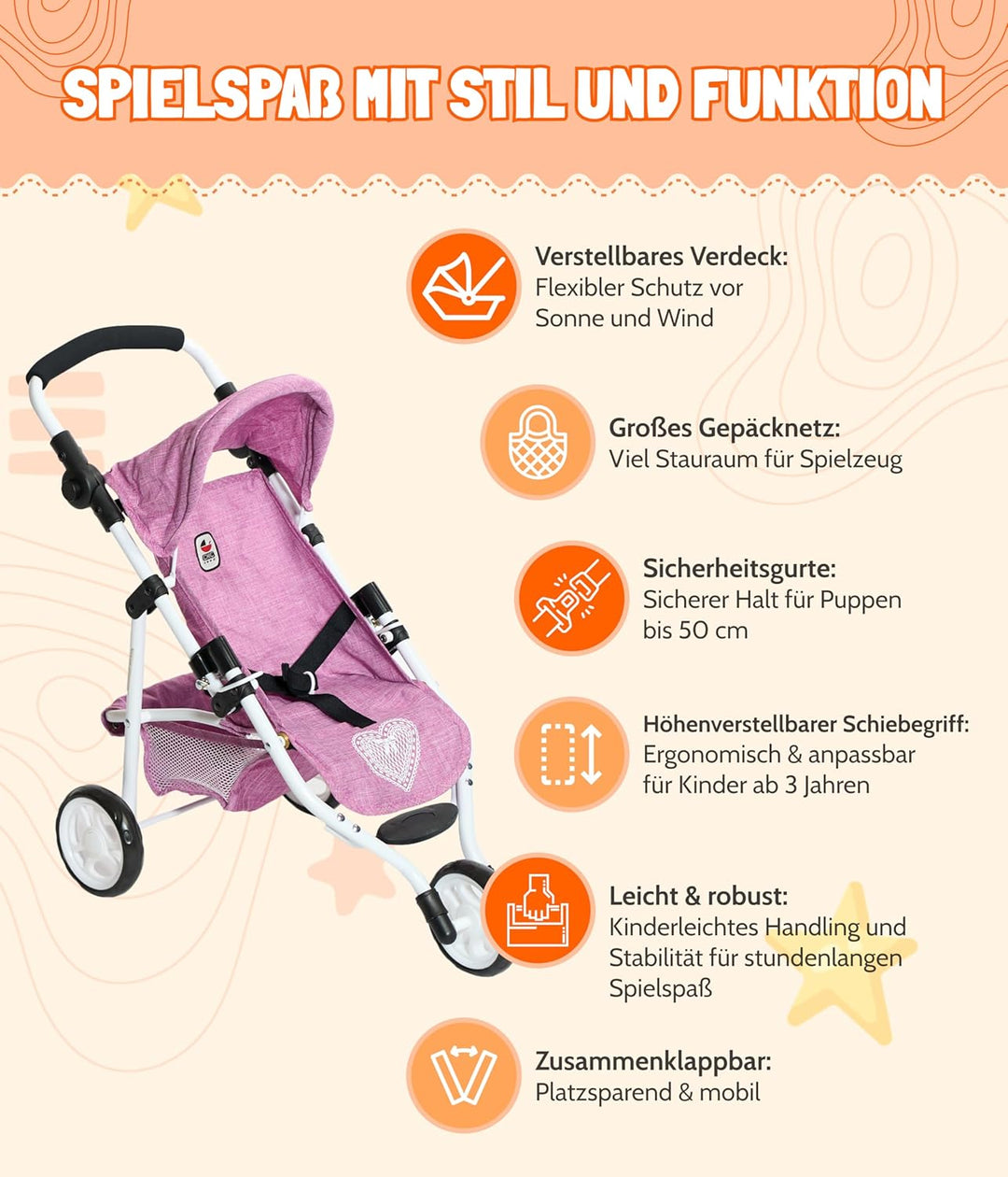 Bayer Chic 2000 - Puppenbuggy Lola, Jogging-Buggy, Puppenjogger, Puppenwagen, Jeans pink, 612-62, Je
