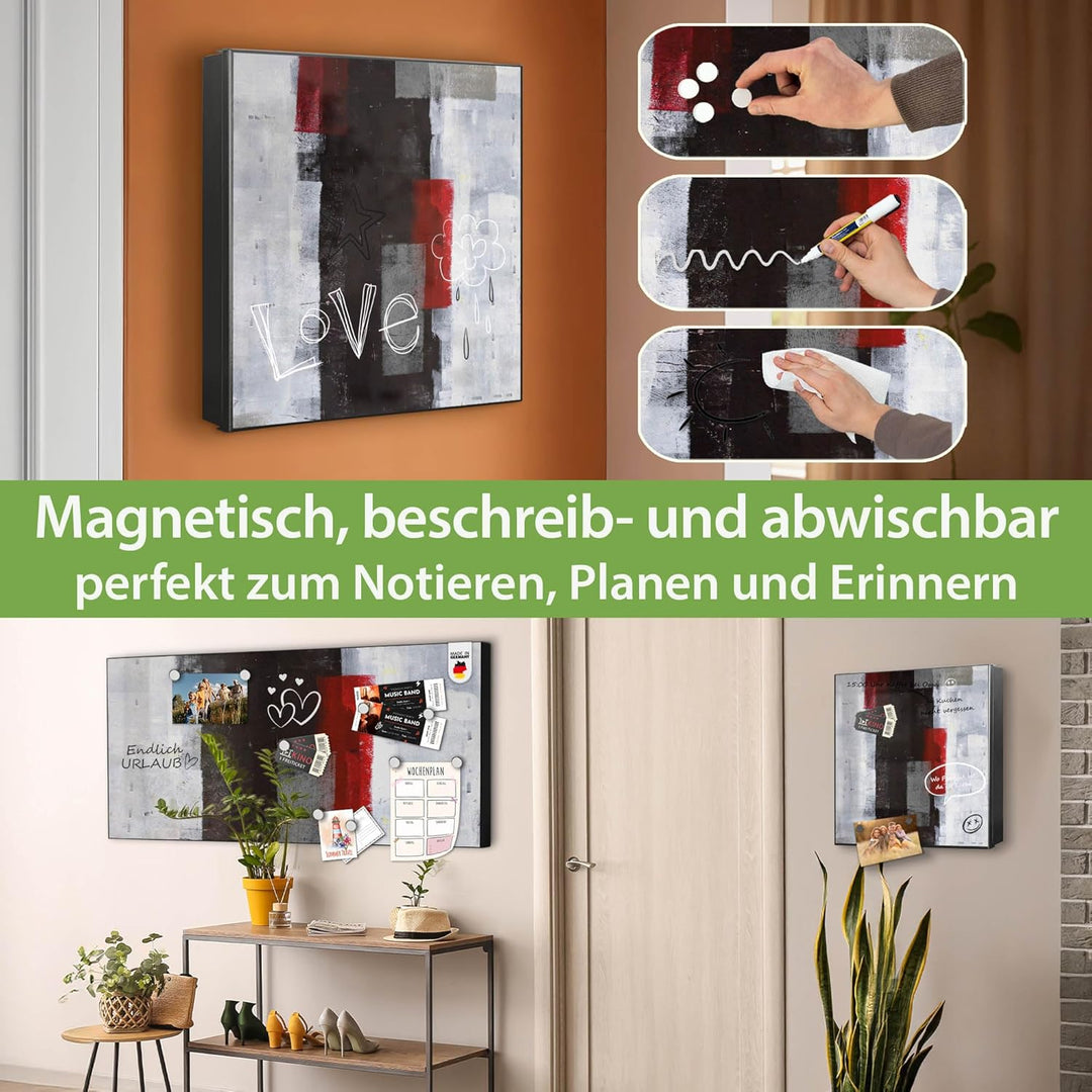 banjado® Grosser Schlüsselkasten Glas/Schlüsselbox 30cm x 30cm mit 50 Haken - Motiv Abstrakt Rot/Sch