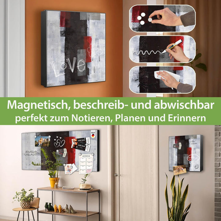 banjado® Grosser Schlüsselkasten Glas/Schlüsselbox 30cm x 30cm mit 50 Haken - Motiv Abstrakt Rot/Sch