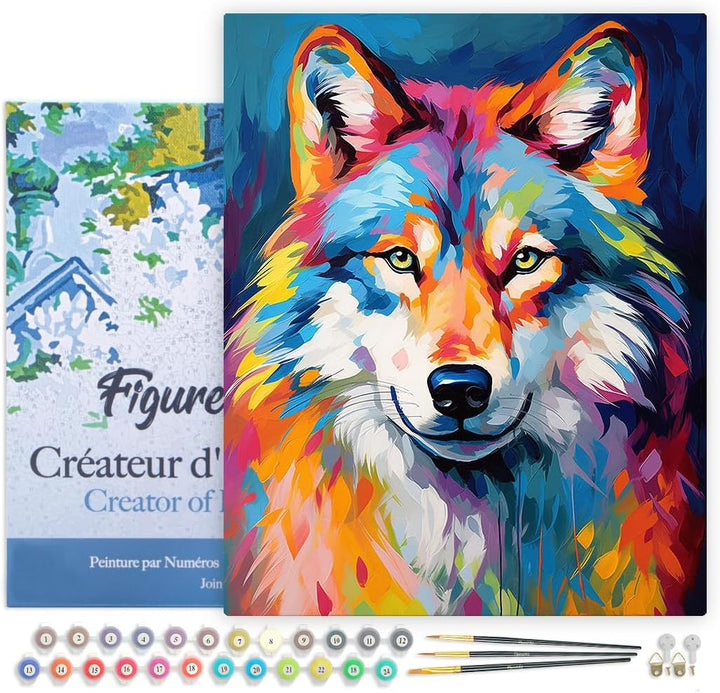 Figured'Art Malen Nach Zahlen Erwachsene Mit Rahmen Wolf Farbenfroh Abstrakt - Paint by Numbers Bast
