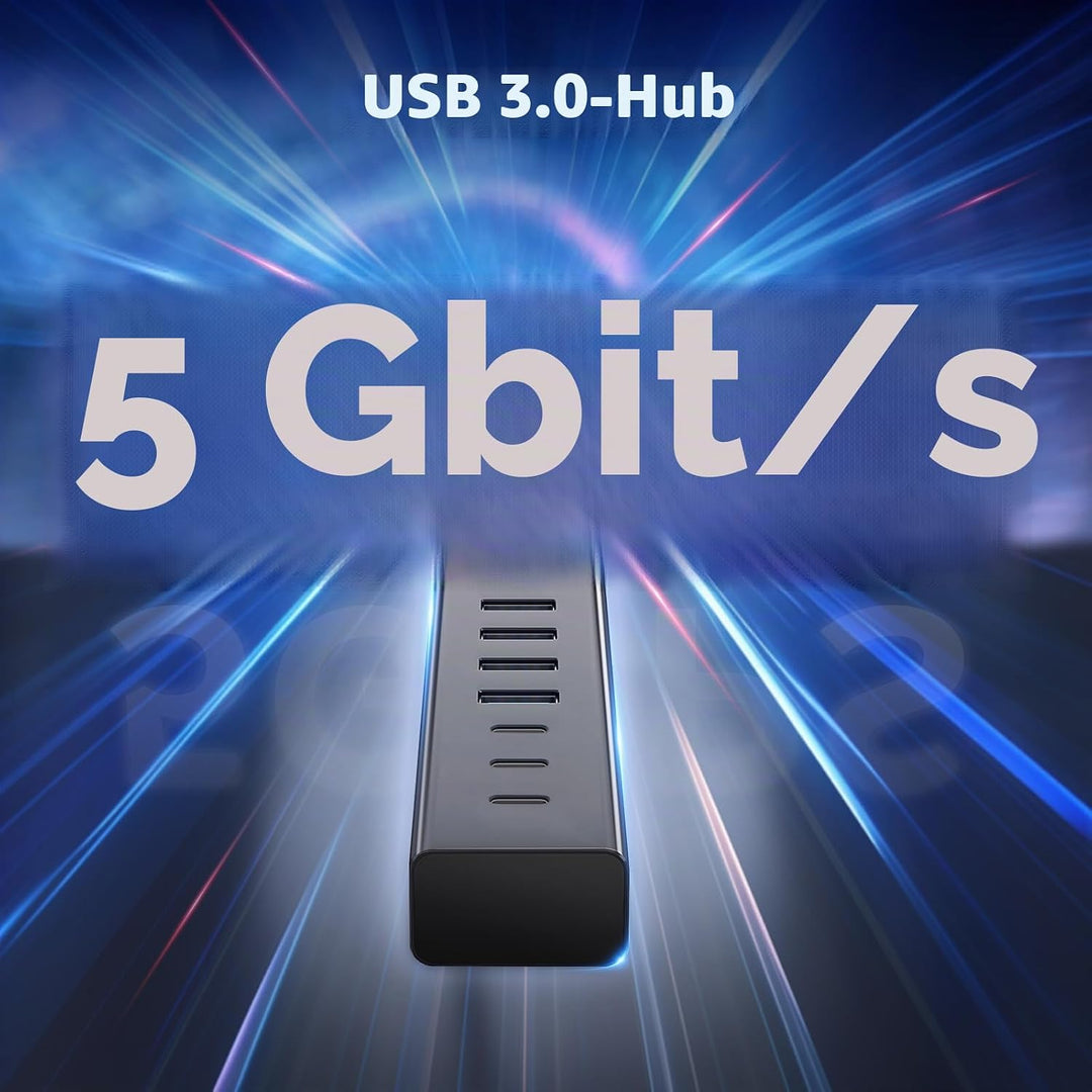 7-Port USB Hub 3.0 mit 120cm Kabel für Desktop, Aluminium USB Verteiler 5Gbps Multiport Adapter mit