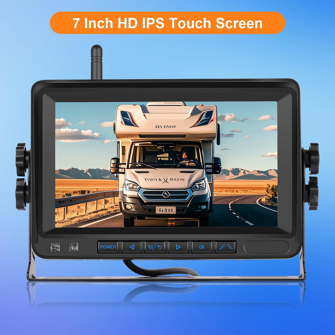VECHTEL 1080P Drahtlose Rückfahrkamera, Kit Monitor mit 7 Zoll IPS Bildschirm für LKW, Bus, Van, Woh