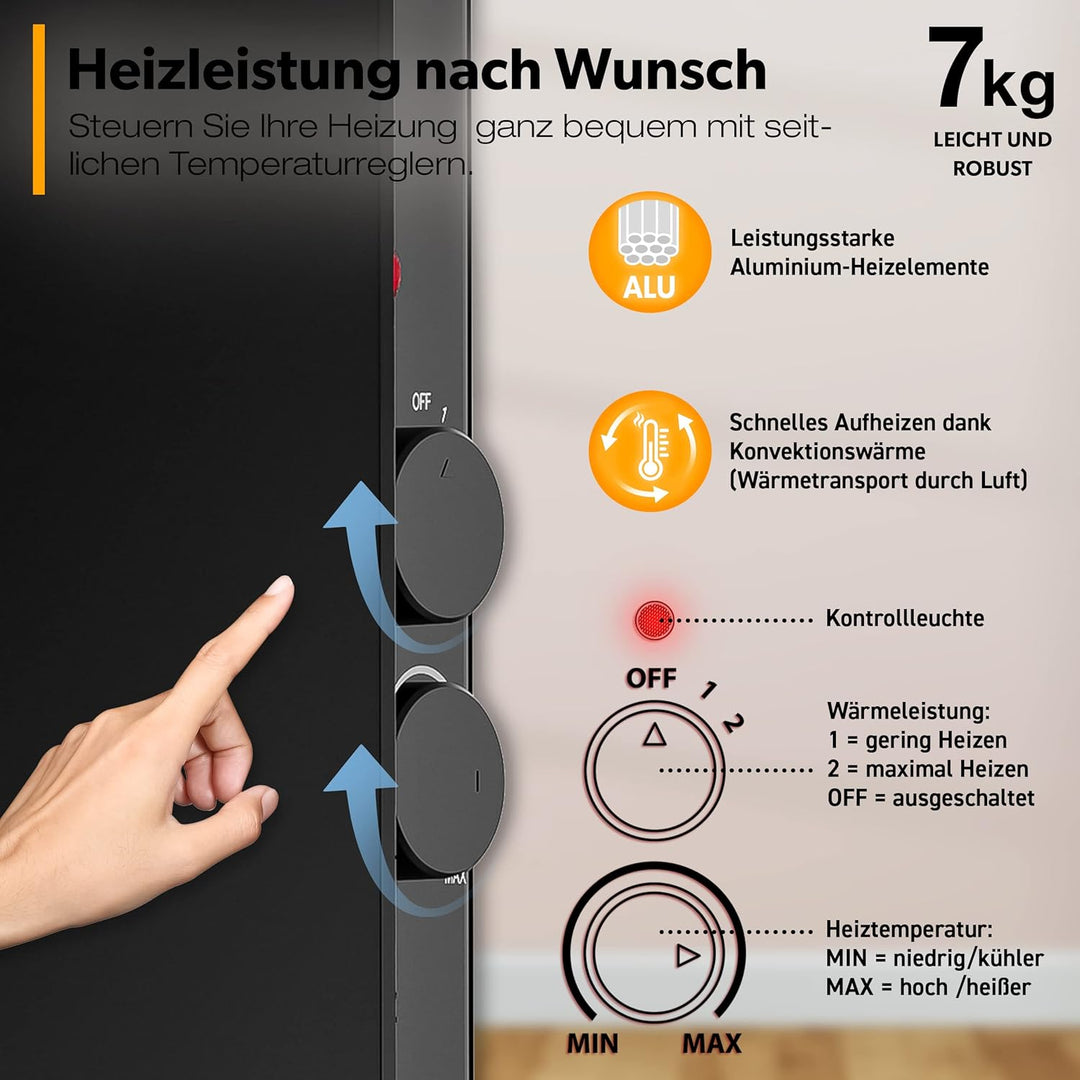 TRESKO® Glaskonvektor Elektroheizung 1500 Watt | Glasheizung elektrisch | Konvektor Heizung Heizkörp