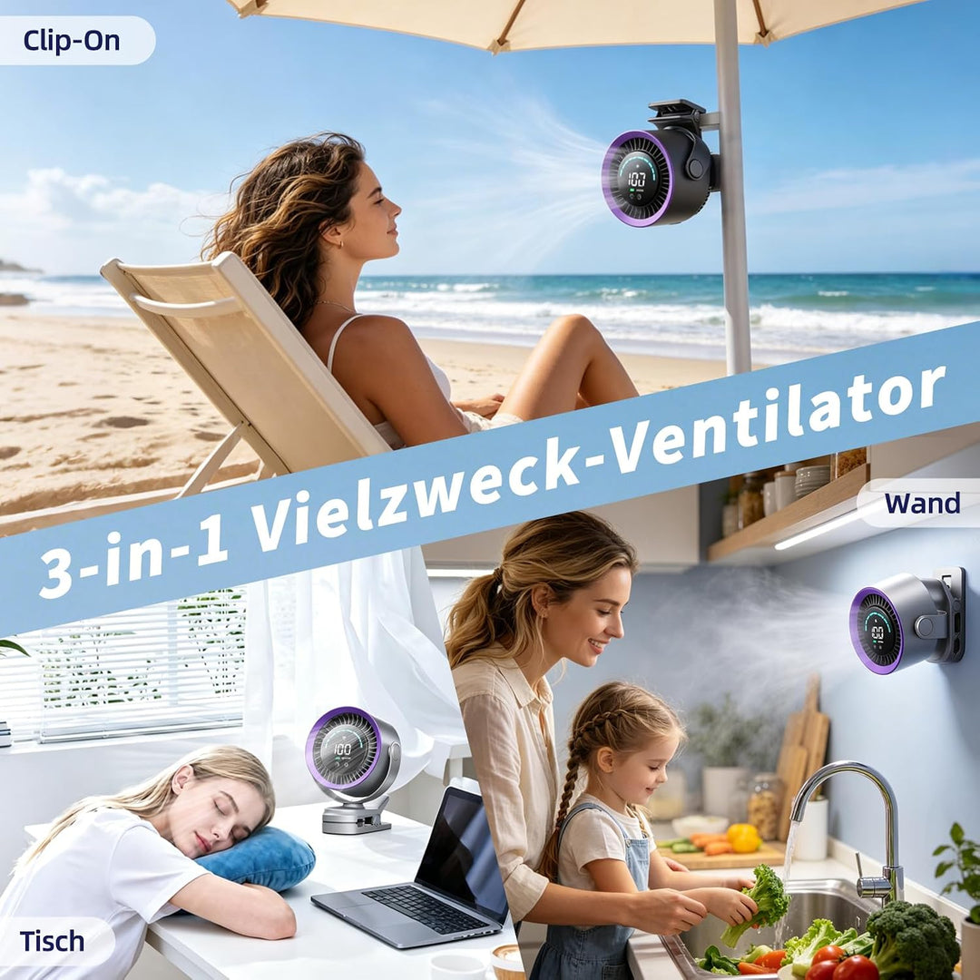 Clip Ventilator, Tragbarer Tischventilator Akku, 5 Geschwindigkeiten Leise Ventilator mit LED Displa