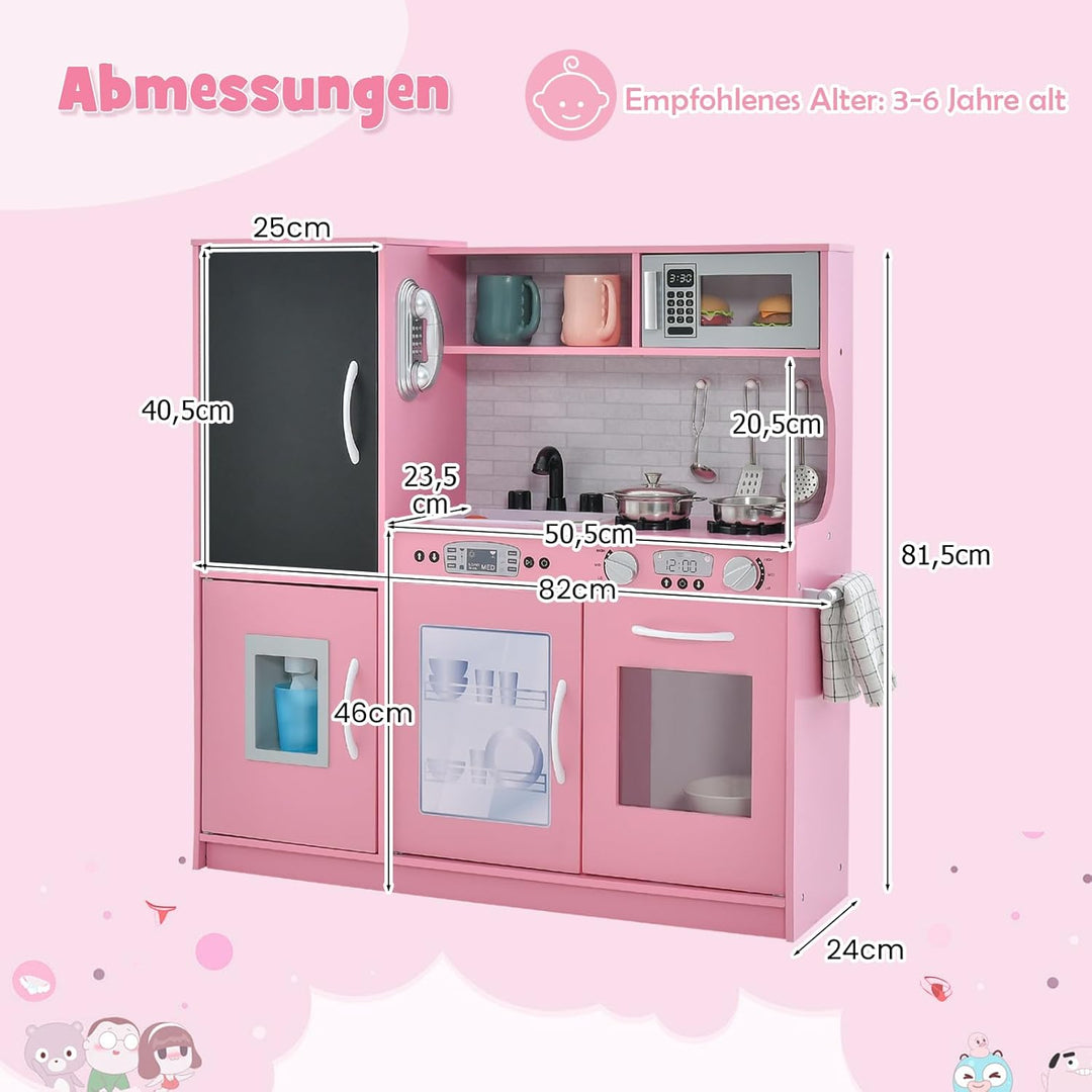 DREAMADE Kinderküche Holz mit Zubehör, Kinderspielküche Holzküche mit Herd Geschirrspüler Eismaschin