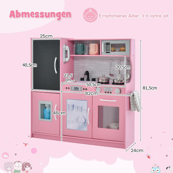 DREAMADE Kinderküche Holz mit Zubehör, Kinderspielküche Holzküche mit Herd Geschirrspüler Eismaschin
