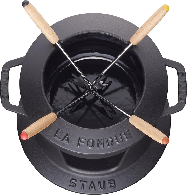 STAUB Fondue Set mit 4 Gabeln, Geeignet für Käse- Schoko- und Fleisch-Fondue, Gusseisen, 16 cm, Schw
