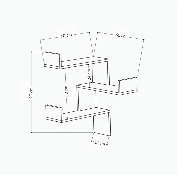 Luksa Wandmontiertes Eckregal mit 3 Etagen | Bücherregal &amp; Dekoregal | 60 x 60 x 90 cm | Verschieden