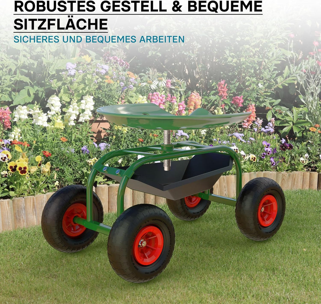 Wiltec Gartenwagen mit Ablagefläche bis 150kg Gartenhocker mit Reifen Gartentrolley für Gartenarbeit