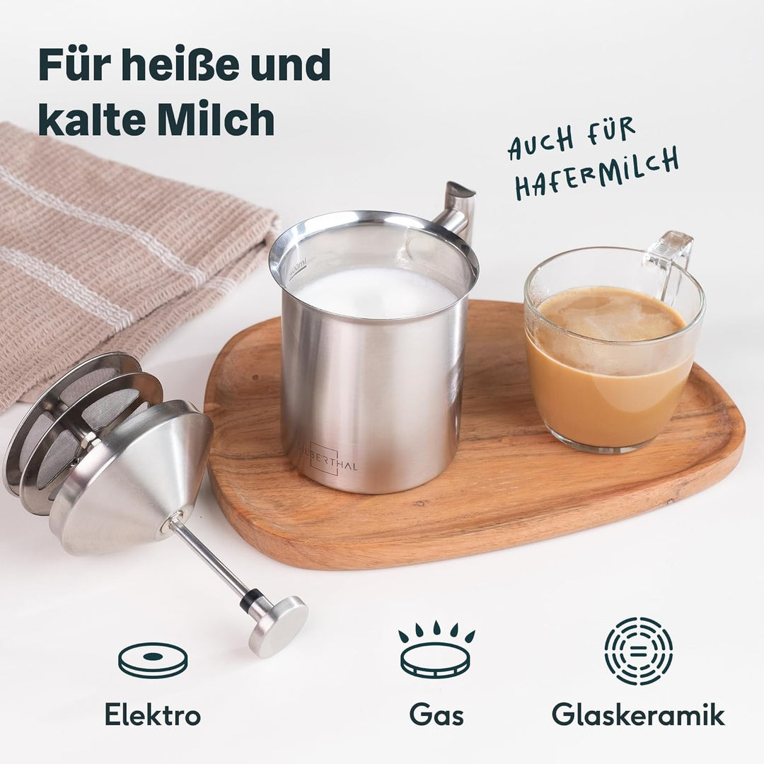 SILBERTHAL Milchaufschäumer Manuell Edelstahl - 400ml - Perfekter Milchschaum dank doppeltem Sieb un