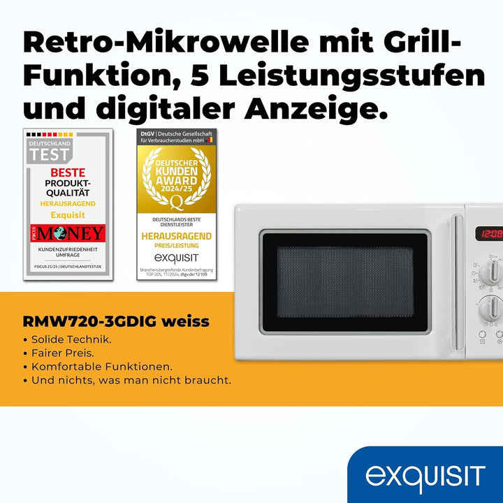 Exquisit Retro-Mikrowelle 700 Watt, 25,5 cm Drehteller, 1000 Watt Grill, 20L, 5 Leistungsstufen, Tim