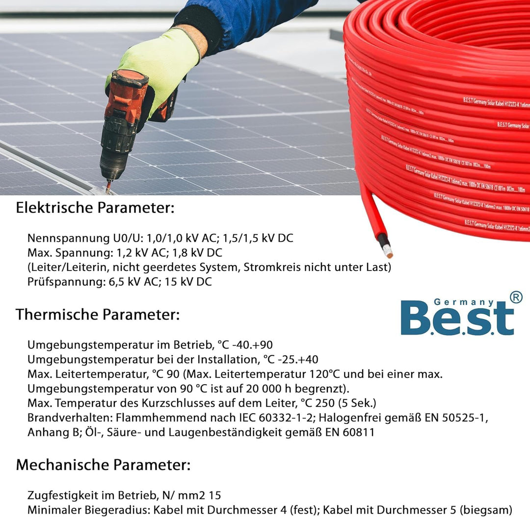 Germany B.E.S.T Solarkabel Solarleitung 10mm² reines Kupferkabel H1Z2Z2-K 20m PV Rot 20 M Rot, 20 M