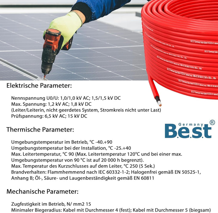 Germany B.E.S.T Solarkabel Solarleitung 10mm² reines Kupferkabel H1Z2Z2-K 20m PV Rot 20 M Rot, 20 M