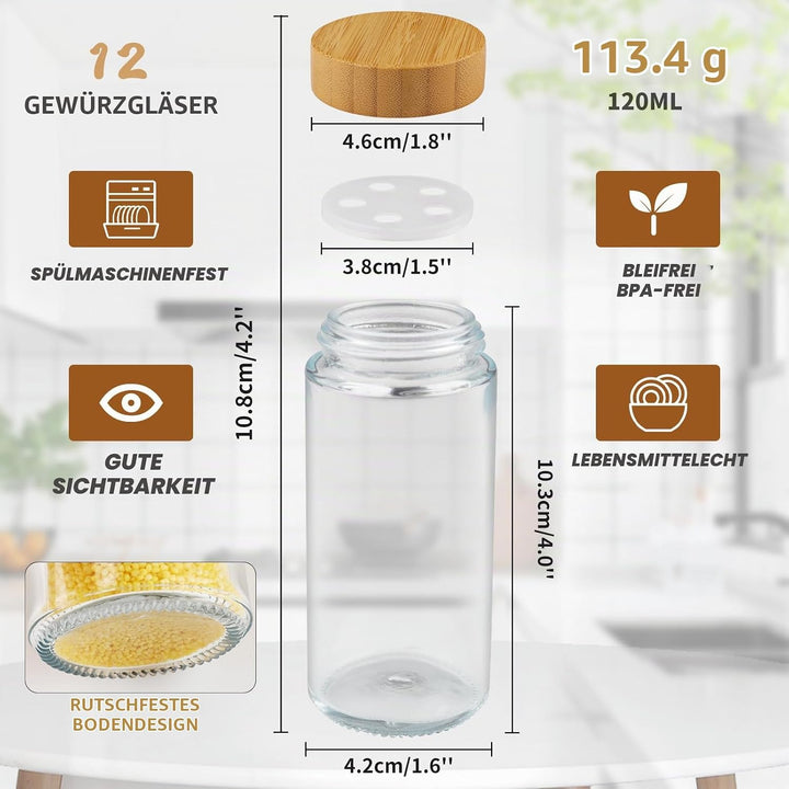 Vexillic Gewürzgläser mit Streueinsatz, 12er Set Gewürzgläser 120ml Gewürzstreuer-Hochwertigem Holzd
