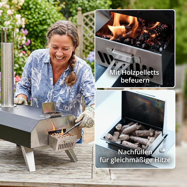 Relaxdays Pizzaofen, für Pellets, Tischpizzaofen, 400°C in 90s, schwarz | HBT 72x36x68 cm, mit Pizza