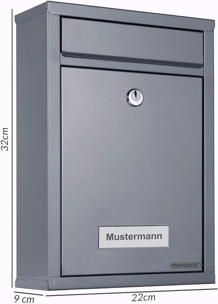 MONZANA® Briefkasten Silber inkl. 2 Schlüssel Namensschild abschliessbar Mailbox Briefkastenanlage P