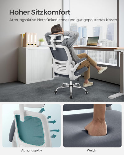 SONGMICS Bürostuhl, Schreibtischstuhl, ergonomisch, klappbare Armlehnen, hohe Rückenlehne, Netzstuhl