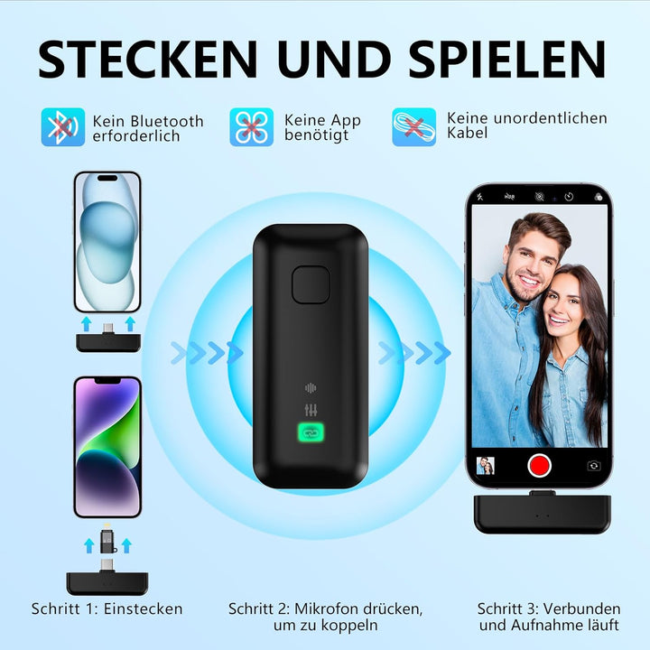 EVARY Lavalier Mikrofon Wireless für iPhone/Android, 25M Langstreckenübertragung, Plug and Play Kabe