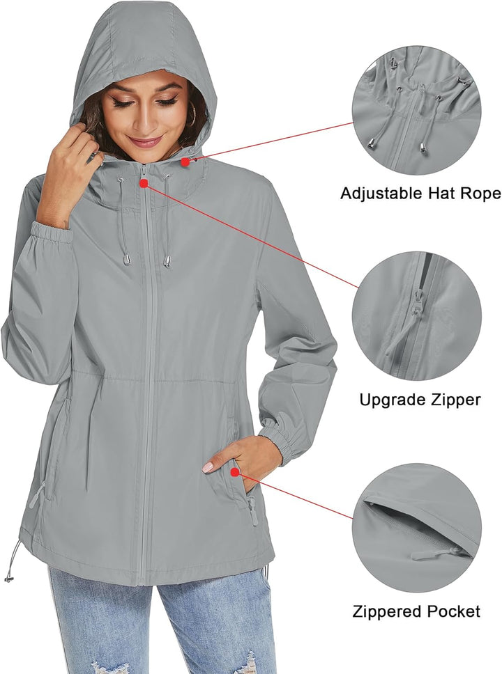 iWoo Regenjacke Damen Wasserdicht Atmungsaktiv Dünne Regenmantel Leichte Jacke Outdoorjacke Windbrea