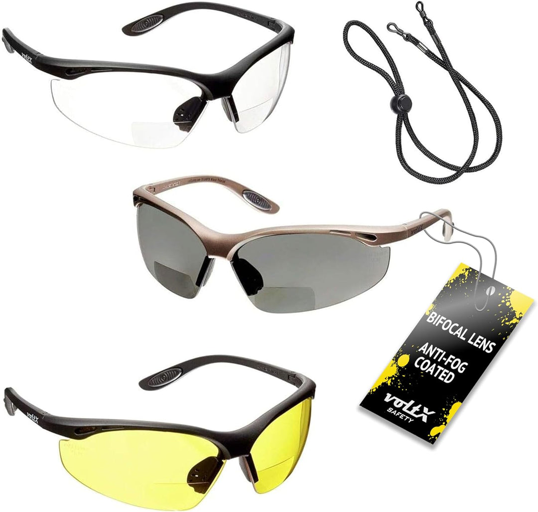 3 x voltX 'Constructor' BIFOKALE Schutzbrille mit Lesehilfe (+1.5 Dioptrie klare, gelbe & polarisier