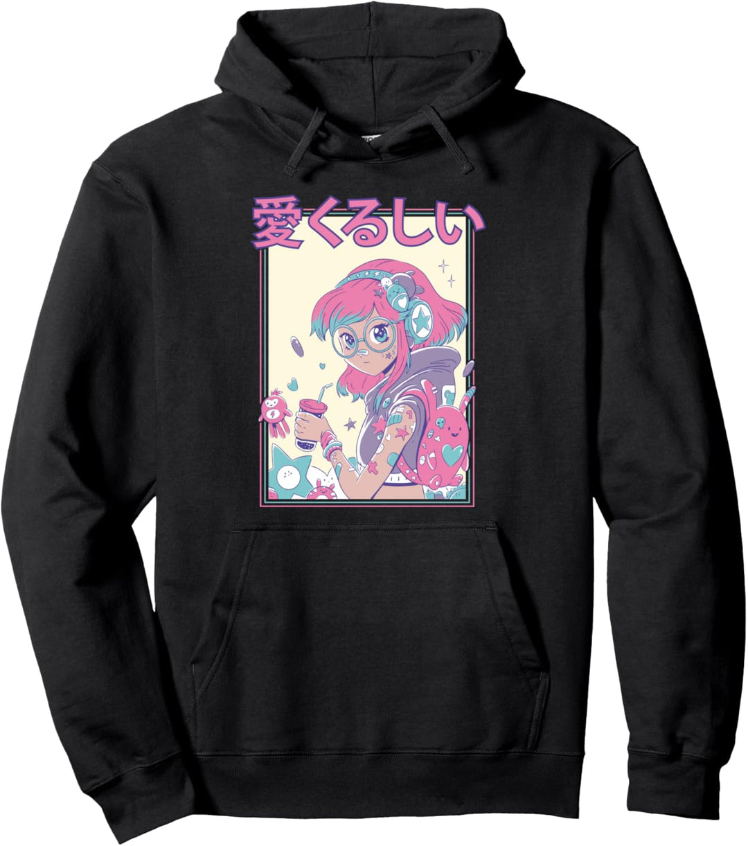 Süsses Anime-Manga-Mädchen mit Brille und Kopfhörern, Grafik Pullover Hoodie