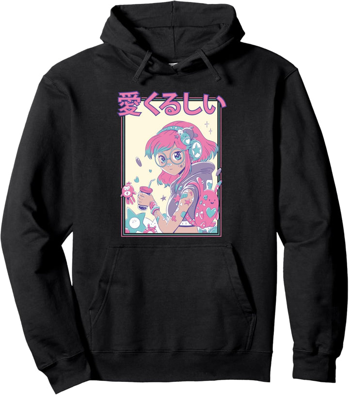 Süsses Anime-Manga-Mädchen mit Brille und Kopfhörern, Grafik Pullover Hoodie