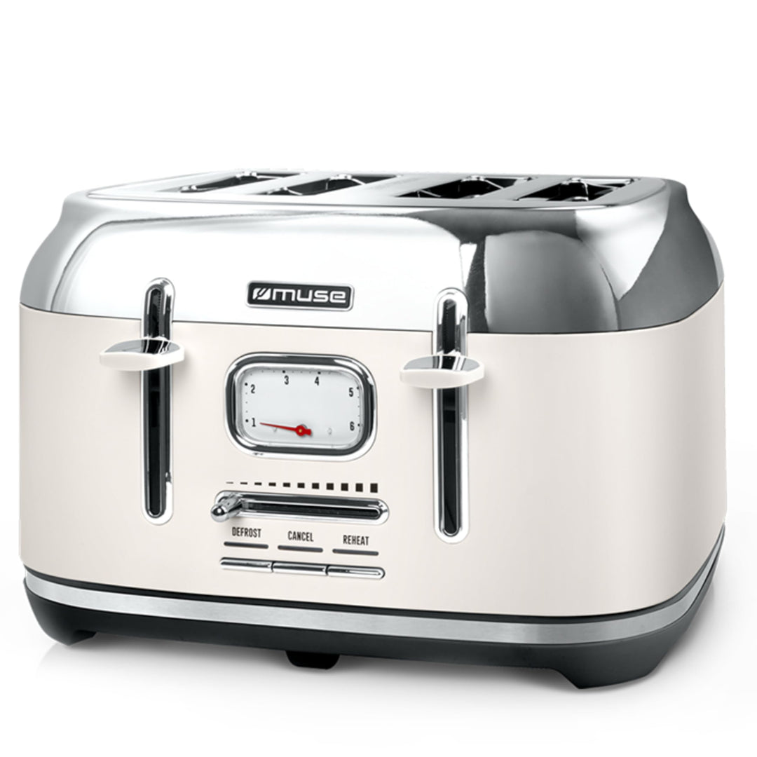 Muse Edelstahl-Toaster im weissen Retro Design, analoge Anzeige, beleuchtete Tasten, 6 Bräunungsstuf