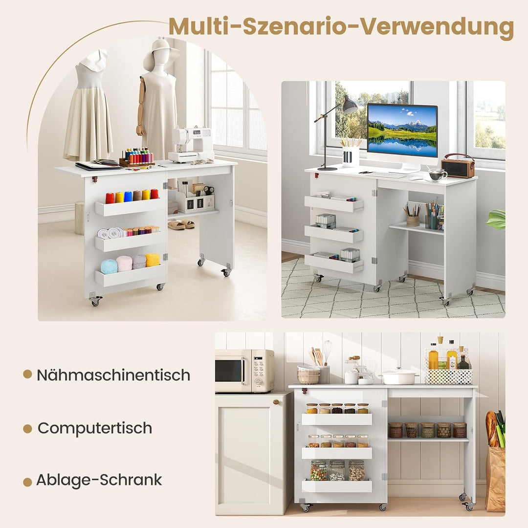 COSTWAY 2 in 1 Nähtisch klappbar, Nähmaschinenschrank aus Holz mit Regalen & Ablagefach, Nähschrank